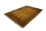 Saffron yellow vintage Daulatabad carpet with charcoal elephant's footprint gul pattern, 10'2