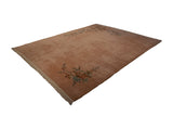 Vintage Japanese Art Deco carpet with dusty rose field and vibrant floral vines.