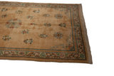 Corner view of a Japanese Peking carpet showing the T-pattern border, meandering vine, and full pile.
