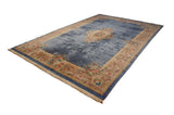 Blue Japanese Savonnerie design carpet with central cameo medallion and dense rose border, 12x18.