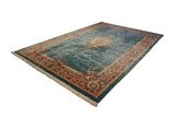 Vintage Japanese Savonnerie hand-knotted carpet, ocean green blue, rose floral medallion and borders, 12x18.