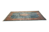 Japanese Savonnerie rug corner, ocean green blue field, ornate rose border.