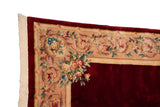 Japanese Savonnerie design carpet corner, black cherry red field, rose bouquet border.
