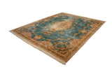 Vintage hand-knotted Japanese Aubusson design carpet with ornate rose medallion, teal field, ivory Rococo borders, 12' x 15'.