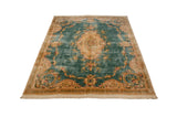 Vintage Japanese Aubusson carpet showing ocean green blue field with ornate Rococo floral motifs.
