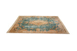 Vintage Japanese Aubusson design carpet corner with ocean green blue field, Rococo rose bouquets, and fringe.