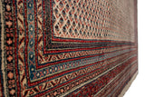 Vintage Mir Sarouk rug border, ivory field botehs, cherry red, navy blue.