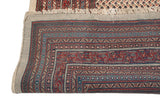 Vintage Mir Sarouk corner with cherry red, navy blue borders, intact fringe and selvage.