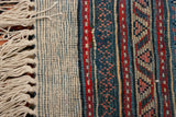 Vintage Mir Sarouk carpet with ivory fringe, tight selvedge, and striped navy, red, ivory border.