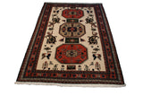 Vintage Meshkin carpet with geometric medallion, birds, boteh on ivory, rust border.