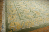 Embossed main border with meandering vine and floral palmettes in saffron, sea foam green, pale blue.