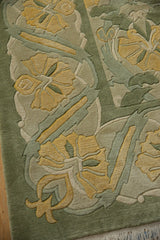 Vintage Indian Arts and Crafts rug: saffron palmettes, sea foam green, plush carved relief.
