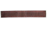 Vintage Bokhara rug runner with detailed, repeating gul medallions in rust and ivory on a black field, size 3' x 20'.