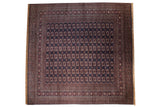 Vintage Bokhara square carpet with repeating gul medallions in cherry red and ivory on a navy blue field.
