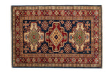 Pakistani Caucasian rug, triple medallion, geometric floral, indigo blue, cherry red, 2'10
