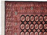 Corner of a fine Bokhara carpet showing the geometric rust border and soft ivory fringe.