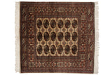Fine vintage Bokhara square rug with detailed camel and navy gul medallions, 4'1