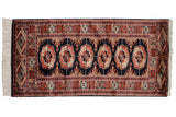 Vintage Fine Bokhara runner rug, repeating gul medallions in rust, black, ivory, 2' x 4'5