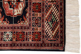 Ivory fringe, fine geometric border patterns in rust, black, and ivory on a Bokhara runner.