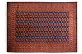 Vintage Bokhara carpet with navy blue field, repeating chestnut gul medallions, plush pile.
