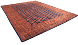 Bokhara carpet corner: fine geometric chestnut and ivory border, navy blue selvage, and short fringe.