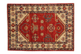 New Pakistani Caucasian design rug with a geometric pattern of cherry red, ivory, and cobalt blue.