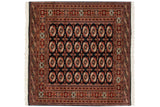 Hand-knotted vintage Bokhara square carpet with repeating gul medallions in rust and ivory on a black field.