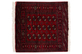 Vintage Fine Bokhara square rug with cherry red field and elephant footprint gul motifs, 4'2