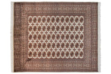Vintage Bokhara carpet with repeating gul medallions in copper and navy on a lustrous ivory field.