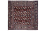 Fine vintage Bokhara square carpet: plush wine red with cobalt blue gul medallions, 8'1