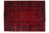 A vintage Bokhara carpet with rows of detailed gul medallions in cherry red and navy blue.