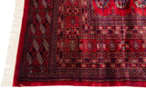 A vintage Bokhara carpet corner showing the plush red pile, intact selvage, and clean ivory fringe.