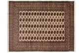 Vintage fine Bokhara carpet with repeating gul medallions in bronze and navy on a lustrous ivory field.