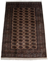 Vintage Bokhara rug with tight weave geometric gul medallions in beige, navy, and bronze.
