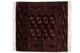 Vintage hand knotted Bokhara square rug, wine red gul medallions, fine plush pile 3'x3'2
