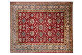 Cherry red Pakistani Caucasian rug with geometric diamond medallions and a meandering vine border.