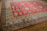Pakistani Caucasian rug corner with crab vine border and red field geometric patterns.