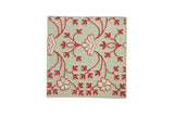 Samarkand design square rug with raspberry red and ivory floral vines on a pale honeydew green background.