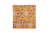 Samarkand design square rug with scrolling red and ivory floral motifs on a saffron yellow ground.