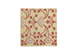 Samarkand design square rug with raised raspberry red floral vines on a pale lemon-lime flatweave.
