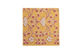 Indian Samarkand design square rug with red and ivory floral vines on a saffron yellow field, 2' x 2'.