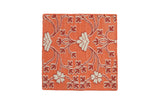 New Indian Samarkand square rug with oversized ivory floral petals on a rich cantaloupe orange field.