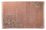Plush hand-knotted Japanese Art Deco carpet in dusty rose with sprawling multi-hued floral vines, 6x9.
