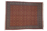 Vintage Indian Lotto Soumac design carpet with allover faded red, green, and gold patterns, 8x10.