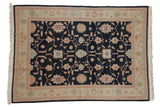 Vintage Indian Sultanabad Soumac carpet with charcoal field, dusty rose florals, ivory border, 6'3