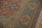 Vintage Serapi Soumac rug border detail, madder rust, dusty teal, Turtle Samovar design, and fringe.