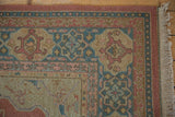 Vintage Indian Serapi Soumac rug corner, pawn motif, Turtle Samovar border, and fringe.