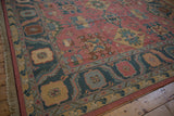 Traditional vintage Indian Soumac rug border, dusty teal, rose field, cartouche panels.