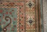 Vintage Indian Shirvan rug, geometric border, Perpedil motifs, dusty blue field, ivory fringe.