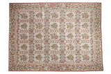 Vintage Chainstitch carpet, ivory field with continuous floral vines, trellis pattern in dusty rose, faded blue, green, 9' x 12'3